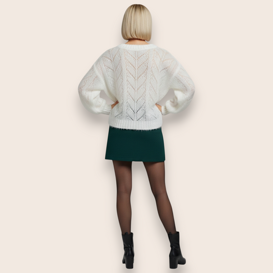 Hand-Knit Pointelle Mohair Blend Sweater in Cloud White