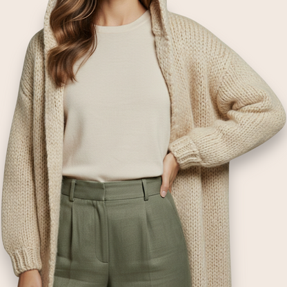 Hand-Knit Maxi Cardigan with Cozy Hood and Ribbed Trim