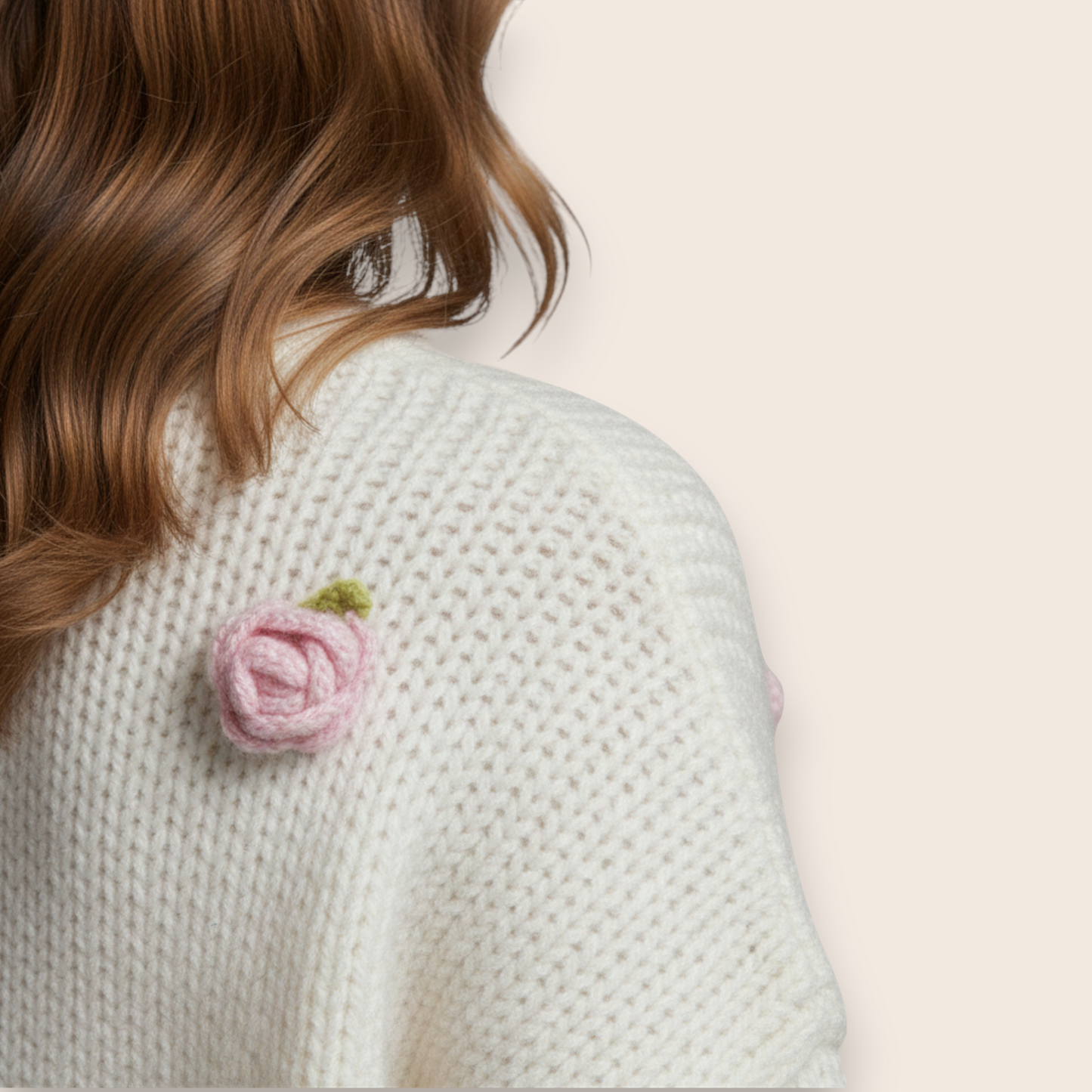 Hand-Knit Wool Sweater with 3D Floral Rose Embroidery