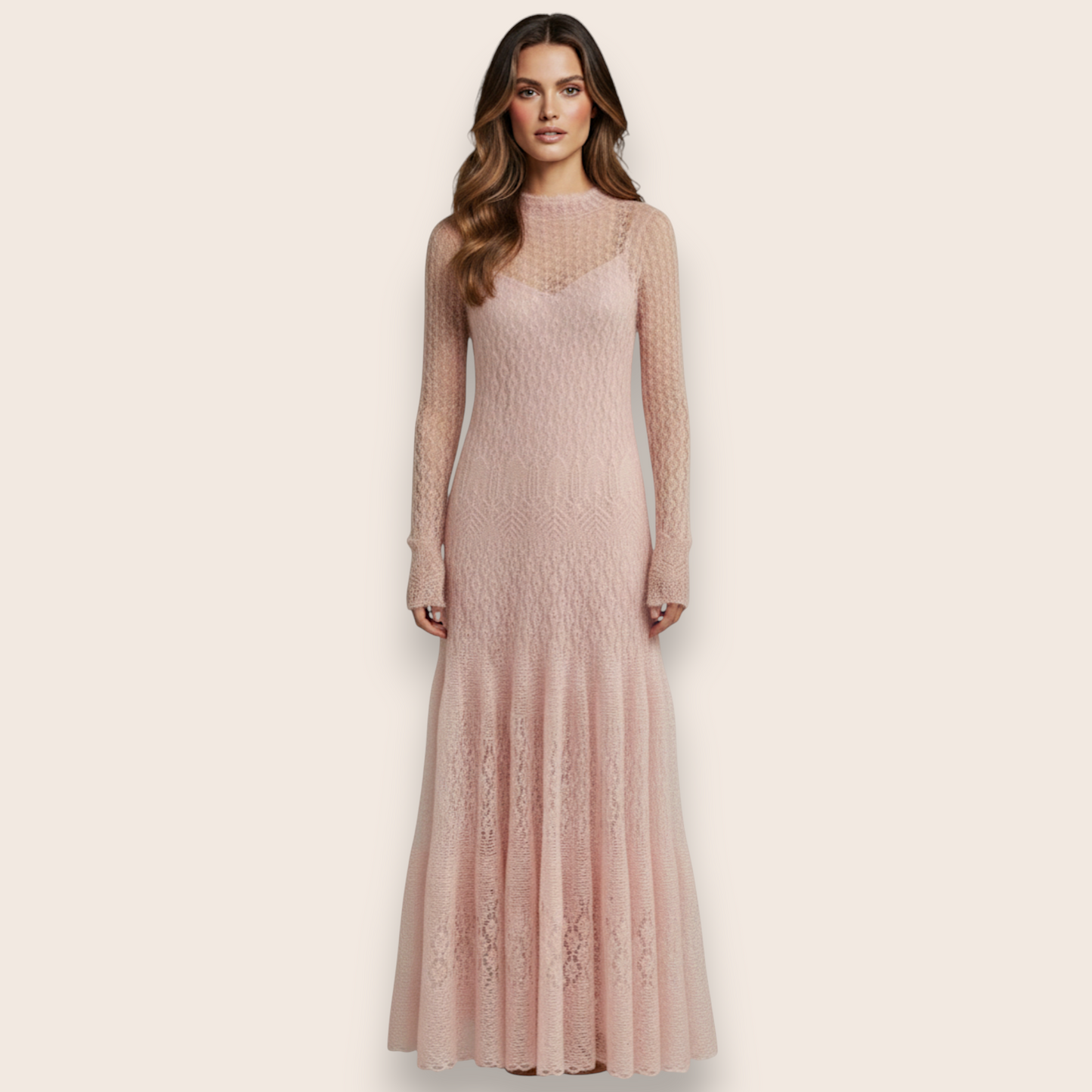 Hand-Knit Powder Pink Lace Maxi Dress in Mohair Blend