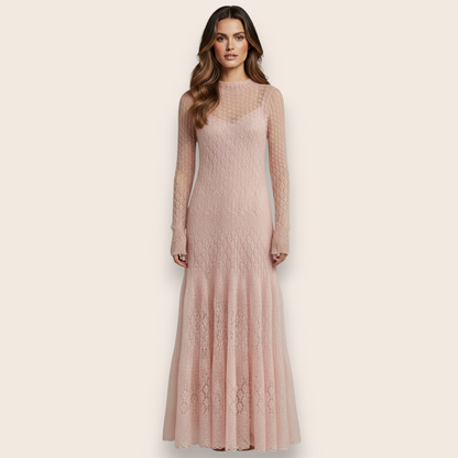 Hand-Knit Powder Pink Lace Maxi Dress in Mohair Blend