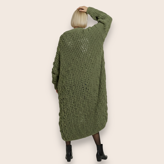 Chunky Hand-Knitted Maxi Cardigan in Olive Green