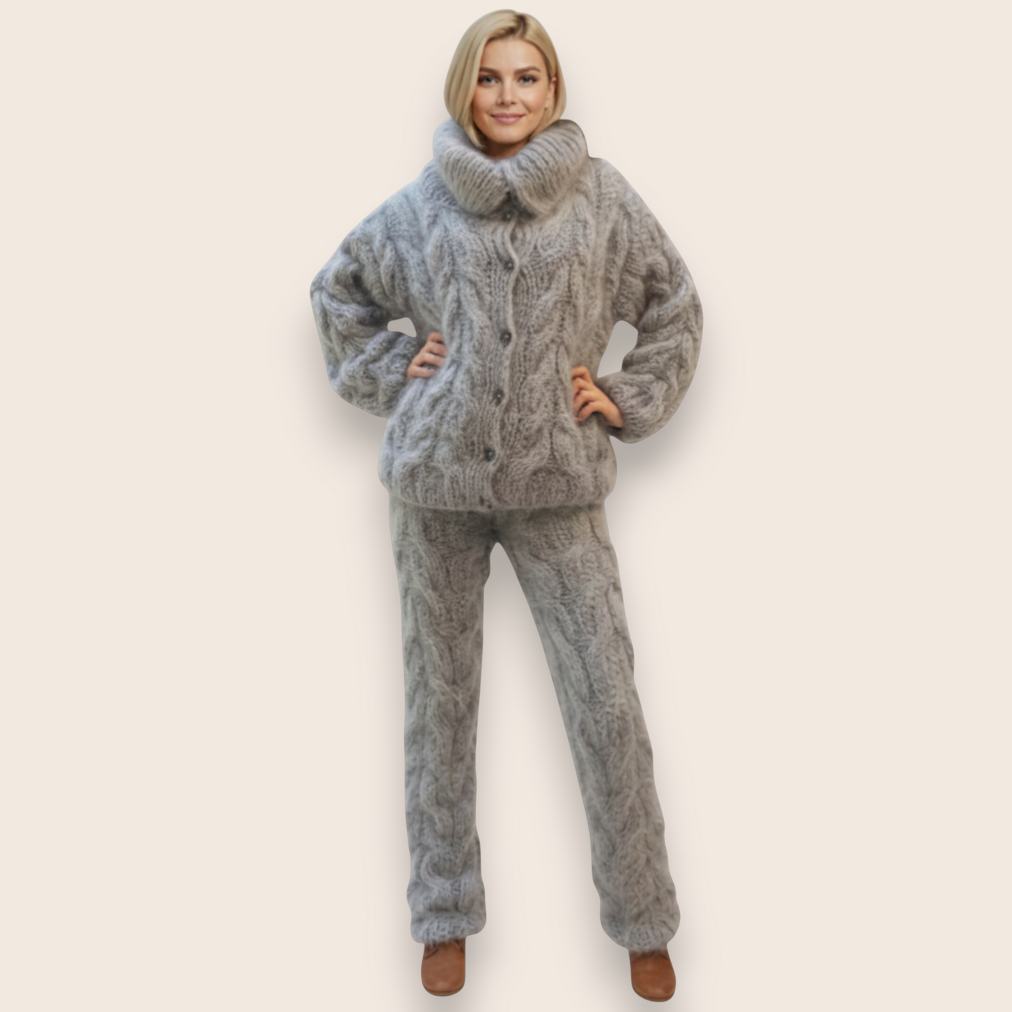 Hand-Knitted Mohair Blend Cable Knit Cardigan and Trousers Set in Heather Gray