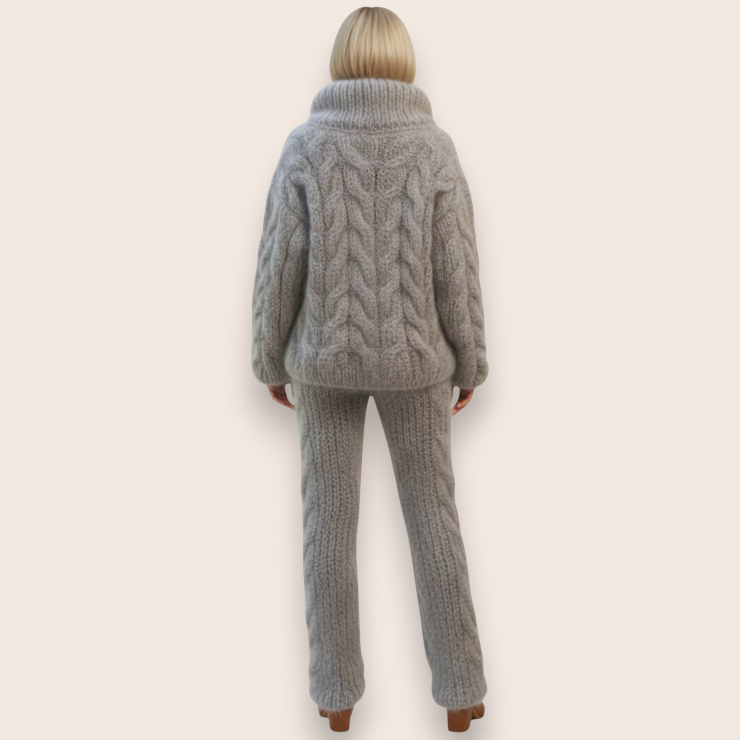 Hand-Knitted Mohair Blend Cable Knit Cardigan and Trousers Set in Heather Gray