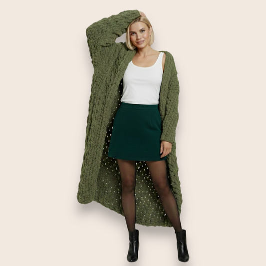 Chunky Hand-Knitted Maxi Cardigan in Olive Green