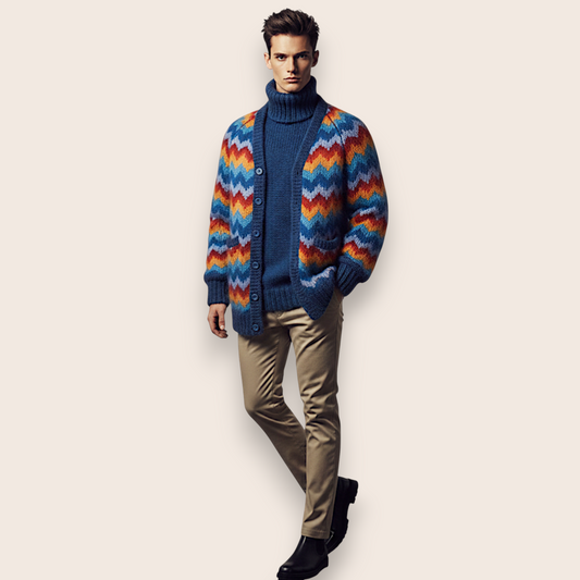 Hand-Knit 2-Piece Set: Striped Cardigan & Matching Turtleneck