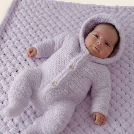 Hand-Knit Baby Welcome Set: Hooded Romper & Matching Blanket
