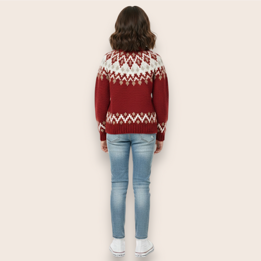 Hand-Knit Burgundy Nordic Yoke Sweater