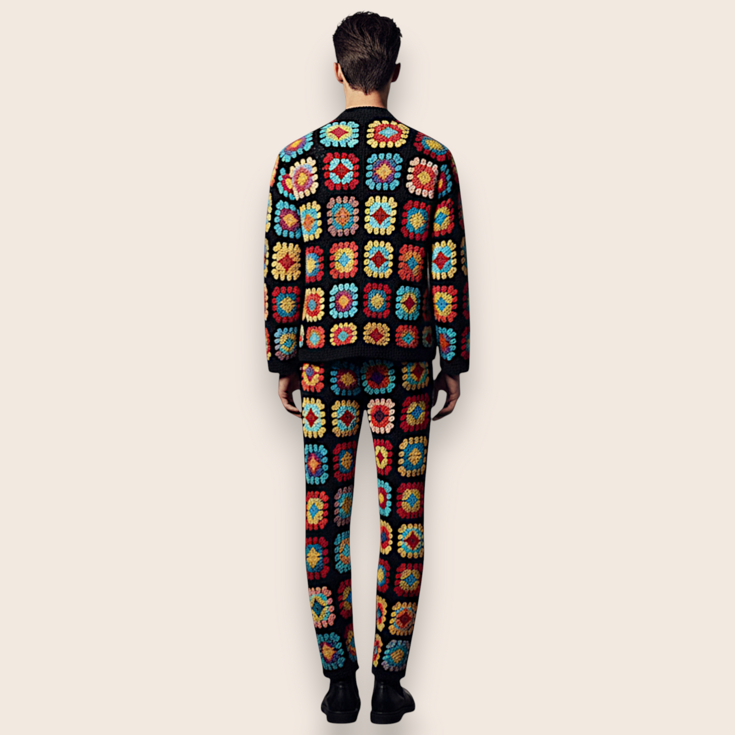 Hand-Knit Vibrant Patchwork 2-Piece Set: Multi-Color Cardigan & Straight-Leg Trousers