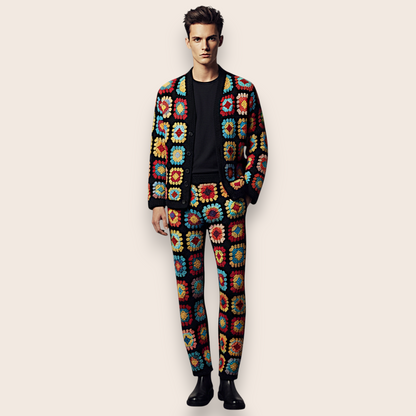 Hand-Knit Vibrant Patchwork 2-Piece Set: Multi-Color Cardigan & Straight-Leg Trousers