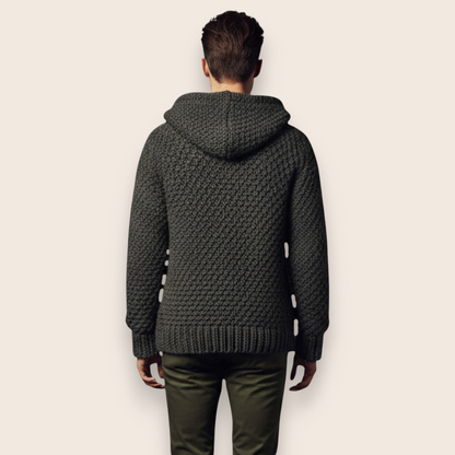 Hand-Knit Charcoal Textured Zip-Front Hoodie