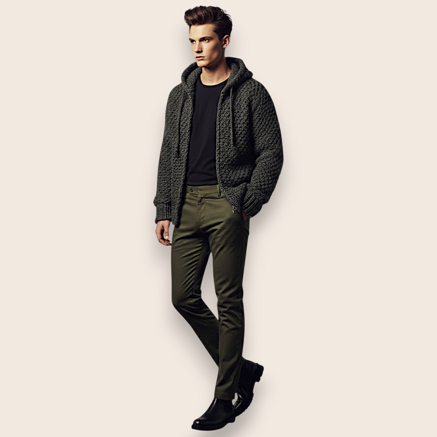 Hand-Knit Charcoal Textured Zip-Front Hoodie