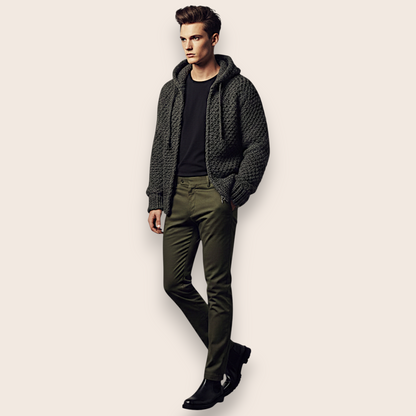 Hand-Knit Charcoal Textured Zip-Front Hoodie
