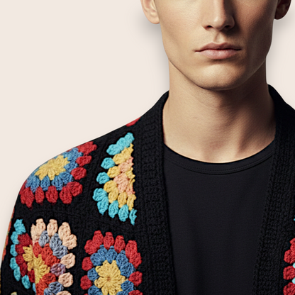 Hand-Knit Vibrant Patchwork 2-Piece Set: Multi-Color Cardigan & Straight-Leg Trousers