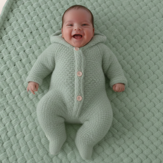 Hand-Knit Baby Welcome Set: Hooded Romper & Matching Blanket