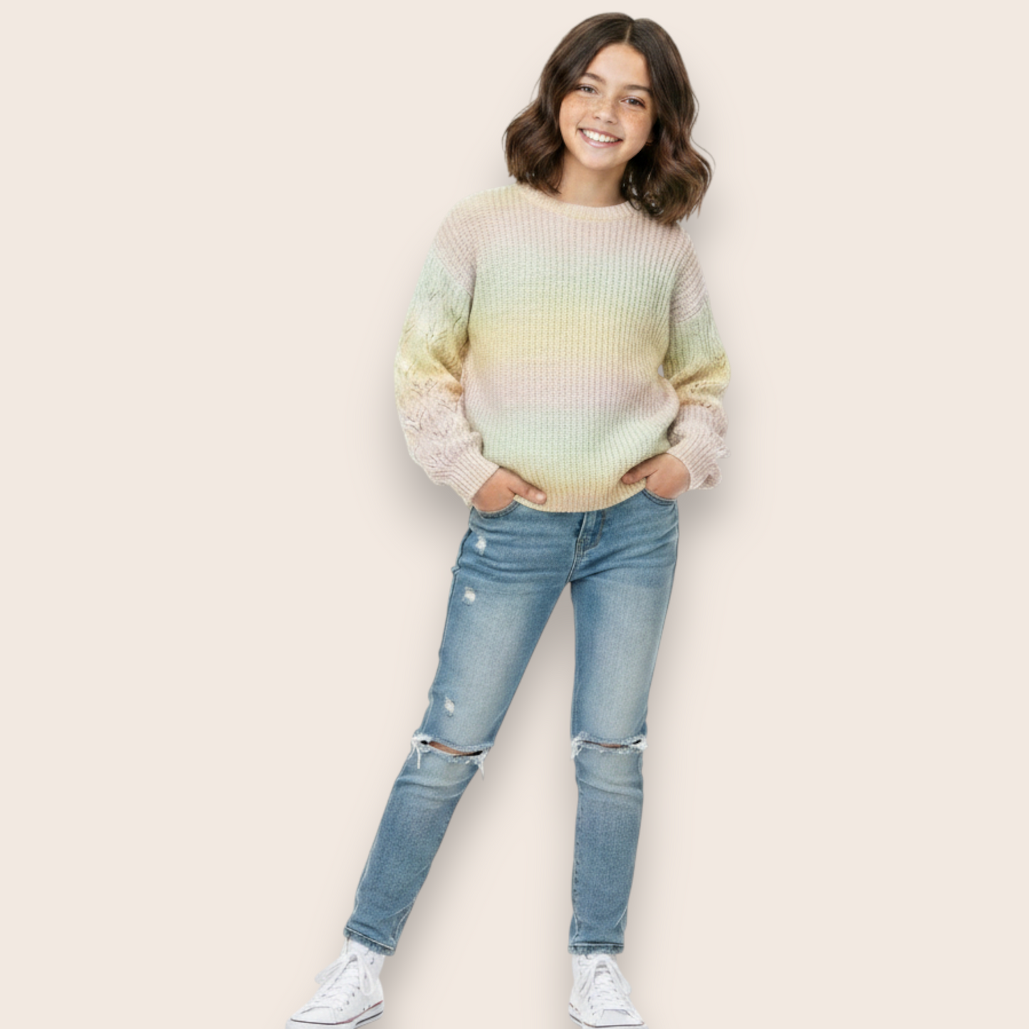 Hand-Knit Pastel Gradient Chunky Cable Knit Sweater