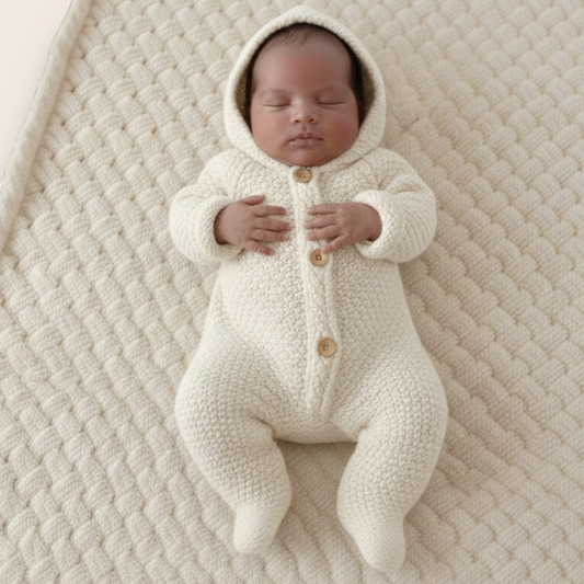 Hand-Knit Baby Welcome Set: Hooded Romper & Matching Blanket