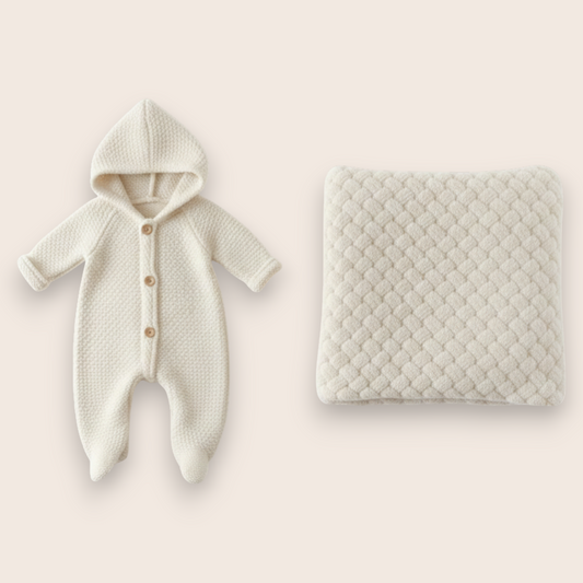 Hand-Knit Baby Welcome Set: Hooded Romper & Matching Blanket