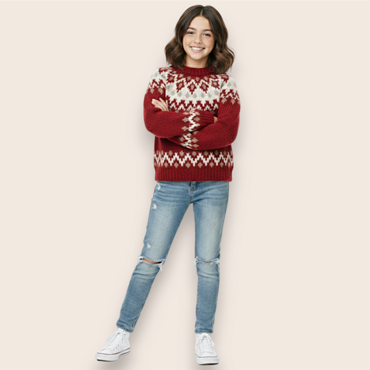 Hand-Knit Burgundy Nordic Yoke Sweater