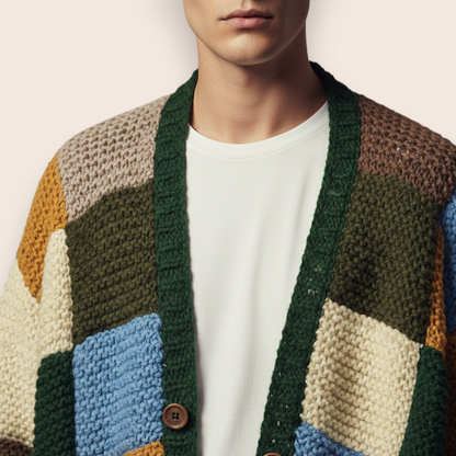 Hand-Knit Patchwork Cardigan in Earth Tones