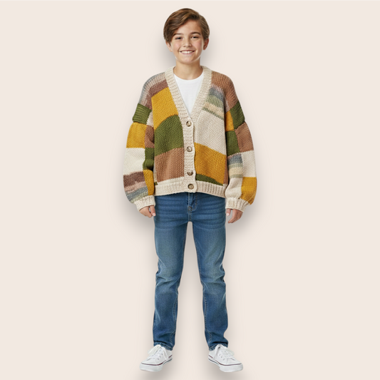 Hand-Knit Earth Tone Patchwork Oversized Cardigan