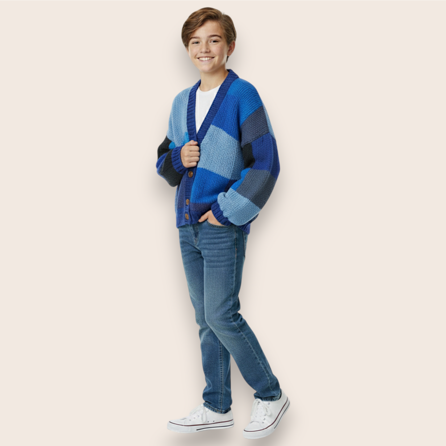 Hand-Knit Blue Patchwork Oversized Cardigan