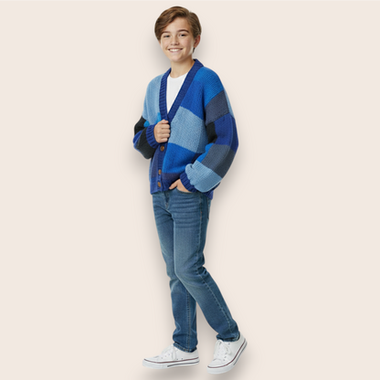 Hand-Knit Blue Patchwork Oversized Cardigan