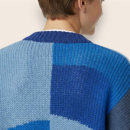 Hand-Knit Blue Patchwork Oversized Cardigan