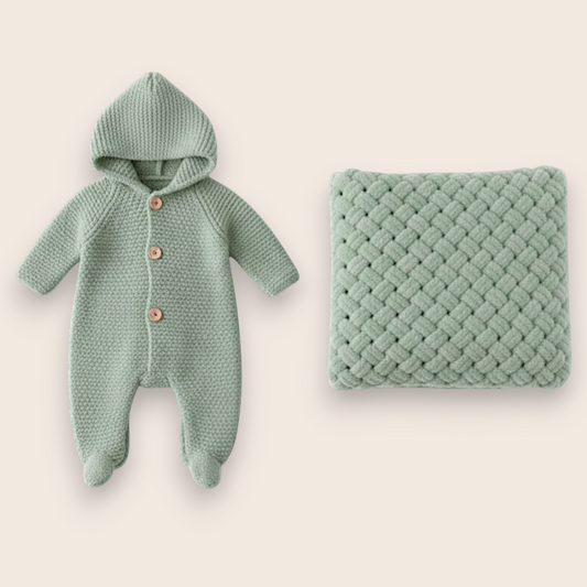 Hand-Knit Baby Welcome Set: Hooded Romper & Matching Blanket