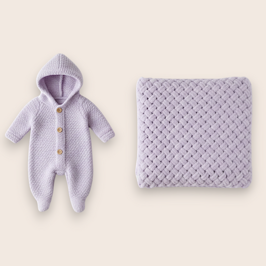 Hand-Knit Baby Welcome Set: Hooded Romper & Matching Blanket