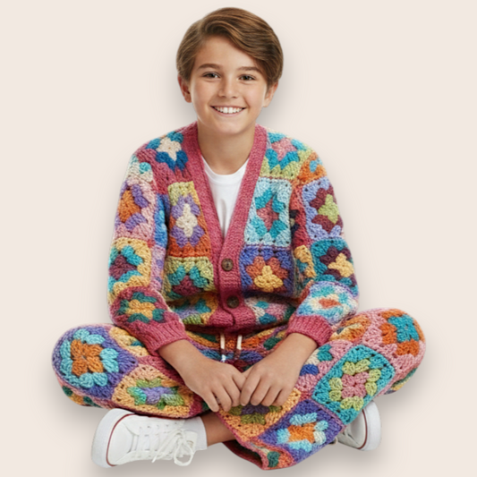 Hand-Knit Vibrant Patchwork 2-Piece Set: Cardigan & Straight-Leg Trousers