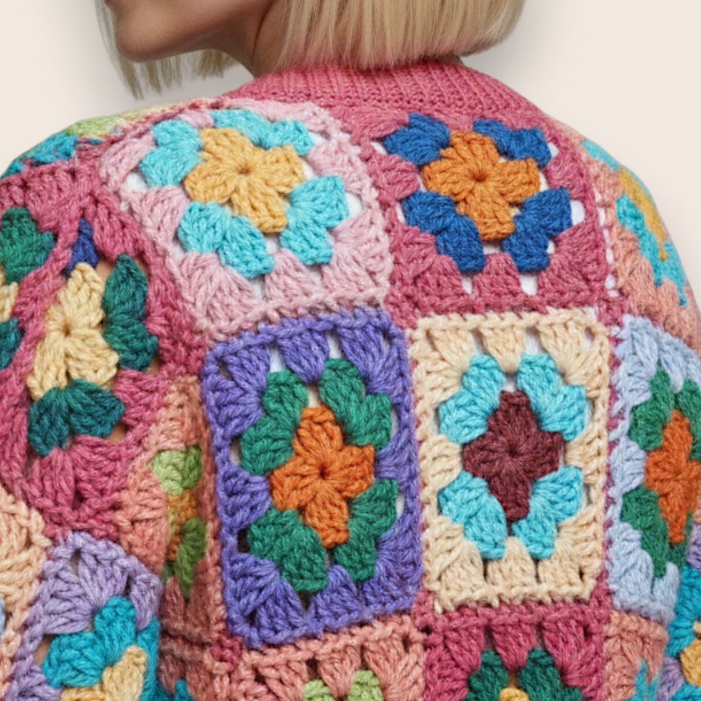 Hand-Knit Vibrant Patchwork 2-Piece Set: Cardigan & Straight-Leg Trousers
