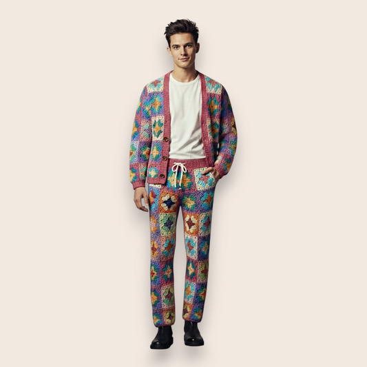 Hand-Knit Vibrant Patchwork 2-Piece Set: Cardigan & Straight-Leg Trousers