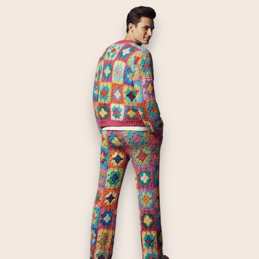 Hand-Knit Vibrant Patchwork 2-Piece Set: Cardigan & Straight-Leg Trousers