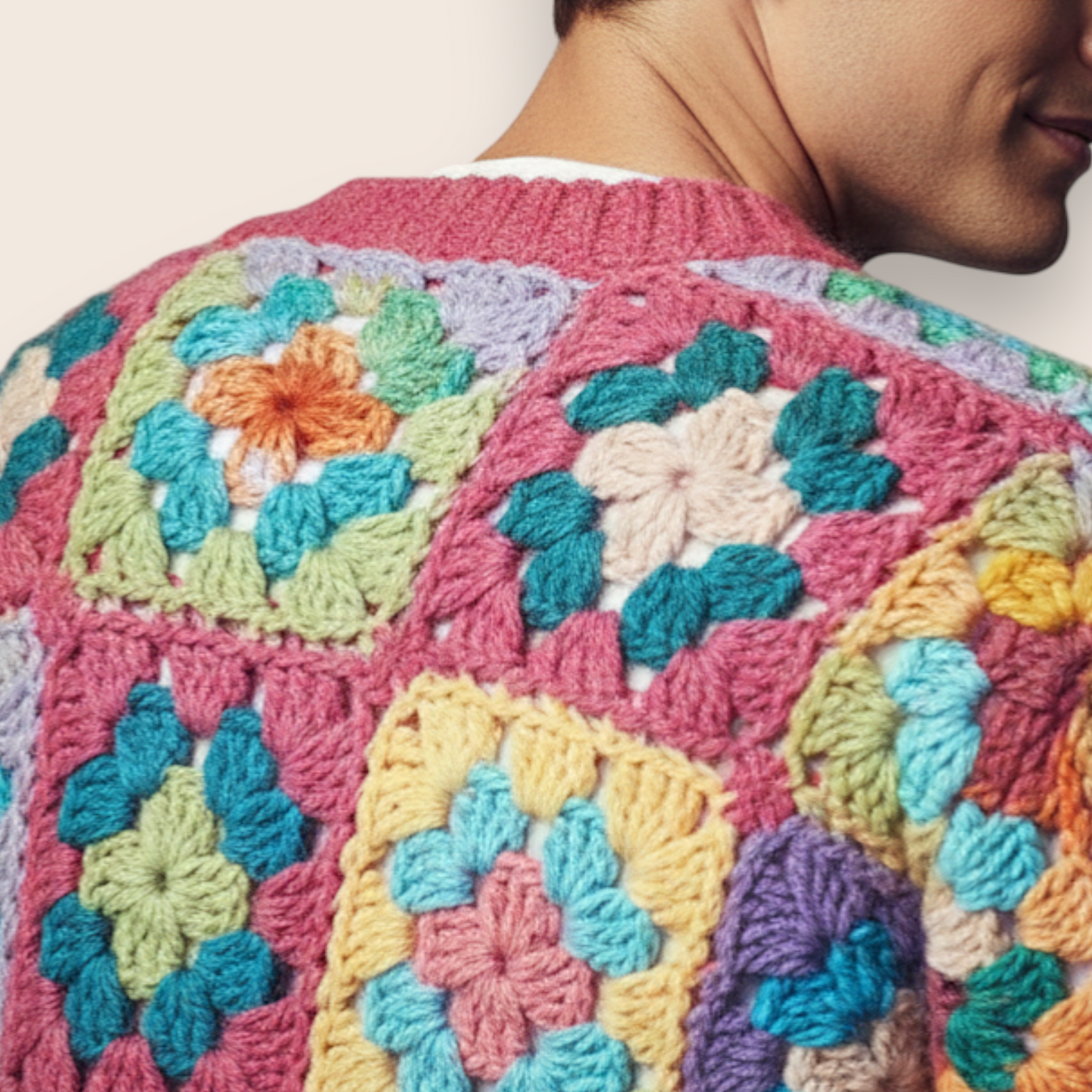 Hand-Knit Vibrant Patchwork 2-Piece Set: Cardigan & Straight-Leg Trousers