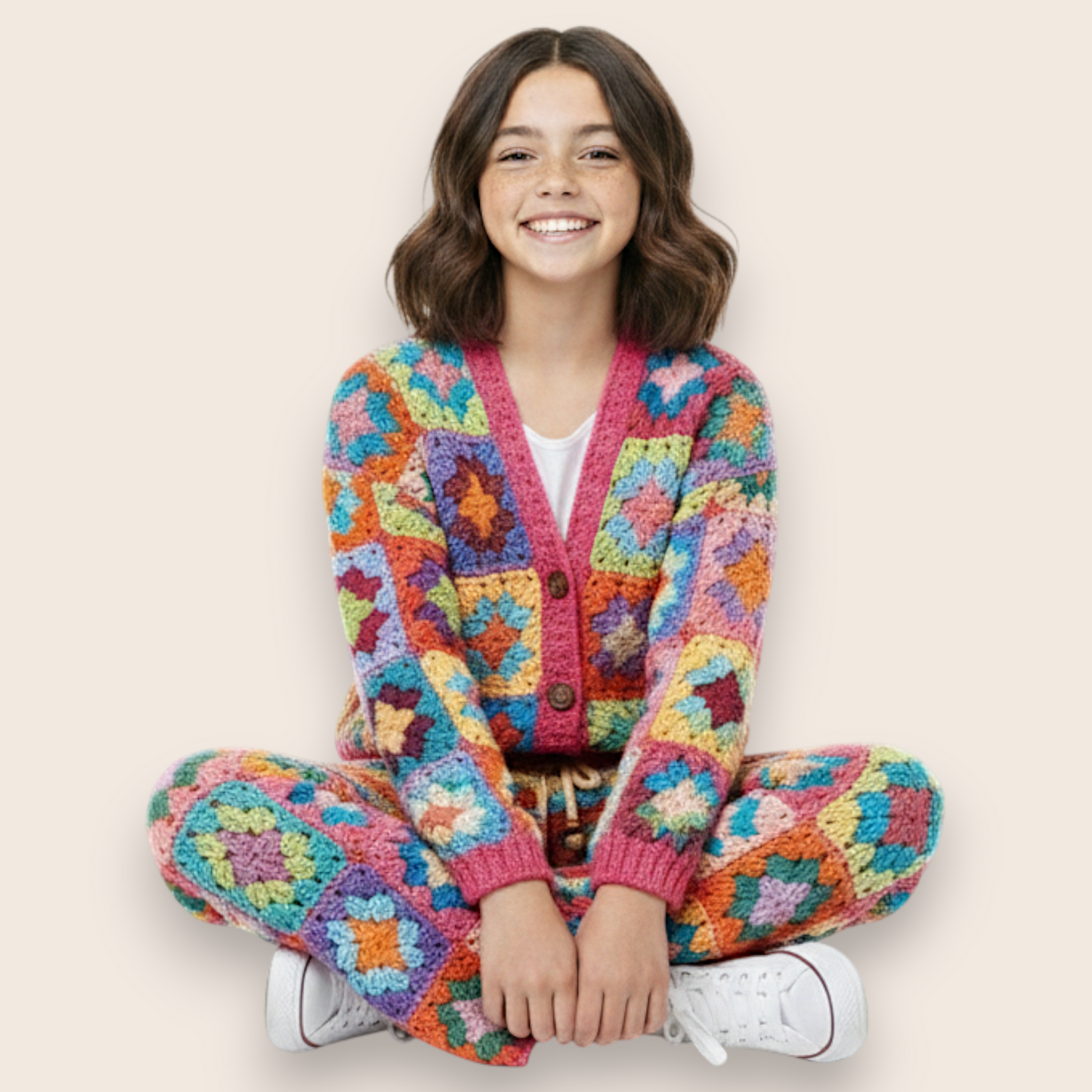 Hand-Knit Vibrant Patchwork 2-Piece Set: Cardigan & Straight-Leg Trousers