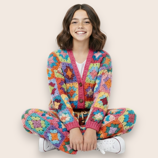 Hand-Knit Vibrant Patchwork 2-Piece Set: Cardigan & Straight-Leg Trousers