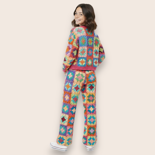 Hand-Knit Vibrant Patchwork 2-Piece Set: Cardigan & Straight-Leg Trousers
