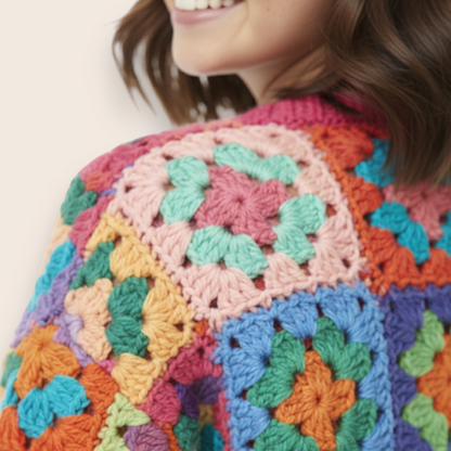 Hand-Knit Vibrant Patchwork 2-Piece Set: Cardigan & Straight-Leg Trousers