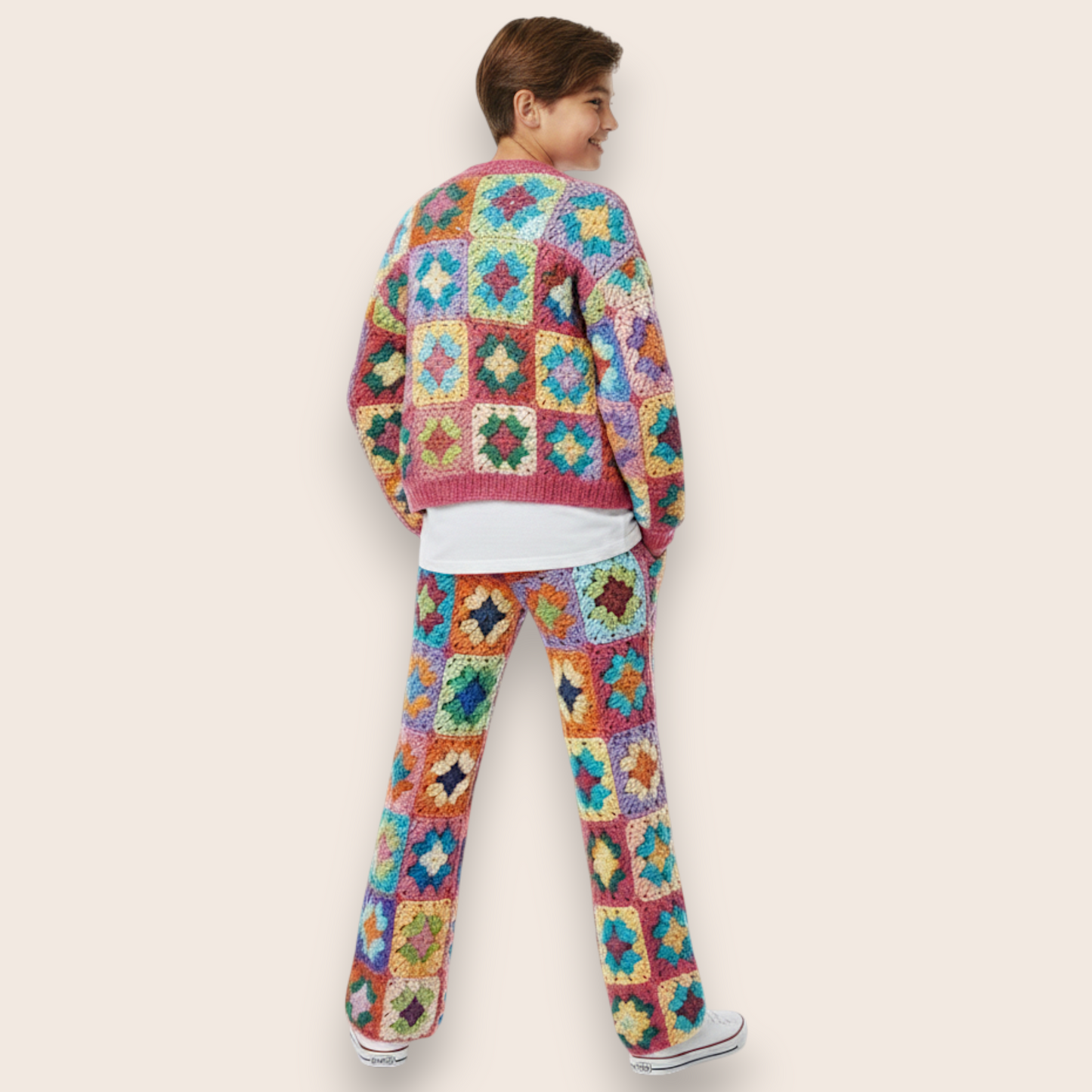 Hand-Knit Vibrant Patchwork 2-Piece Set: Cardigan & Straight-Leg Trousers