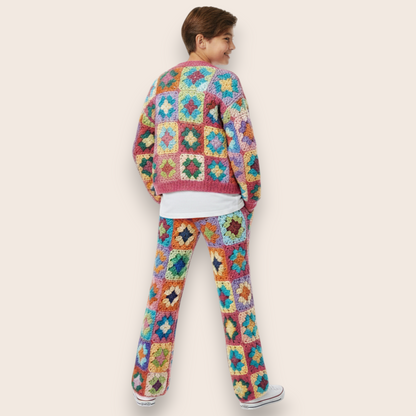 Hand-Knit Vibrant Patchwork 2-Piece Set: Cardigan & Straight-Leg Trousers