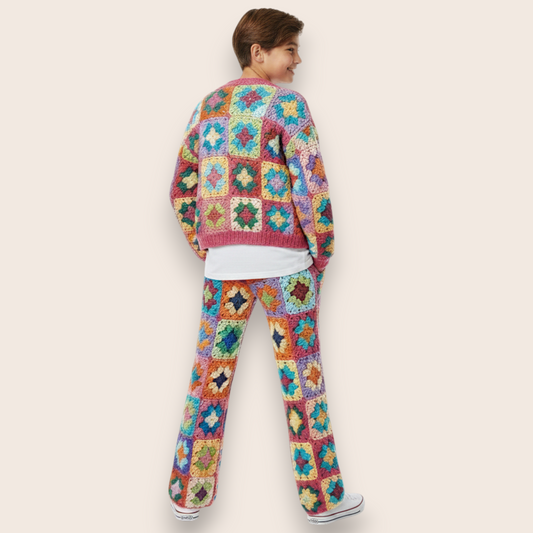 Hand-Knit Vibrant Patchwork 2-Piece Set: Cardigan & Straight-Leg Trousers