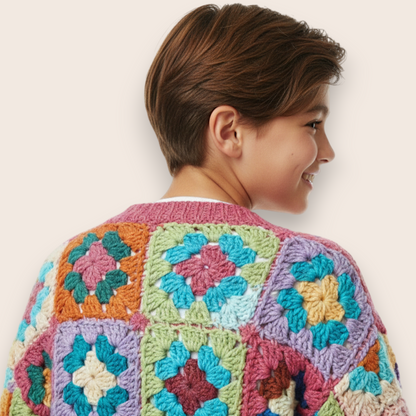 Hand-Knit Vibrant Patchwork 2-Piece Set: Cardigan & Straight-Leg Trousers
