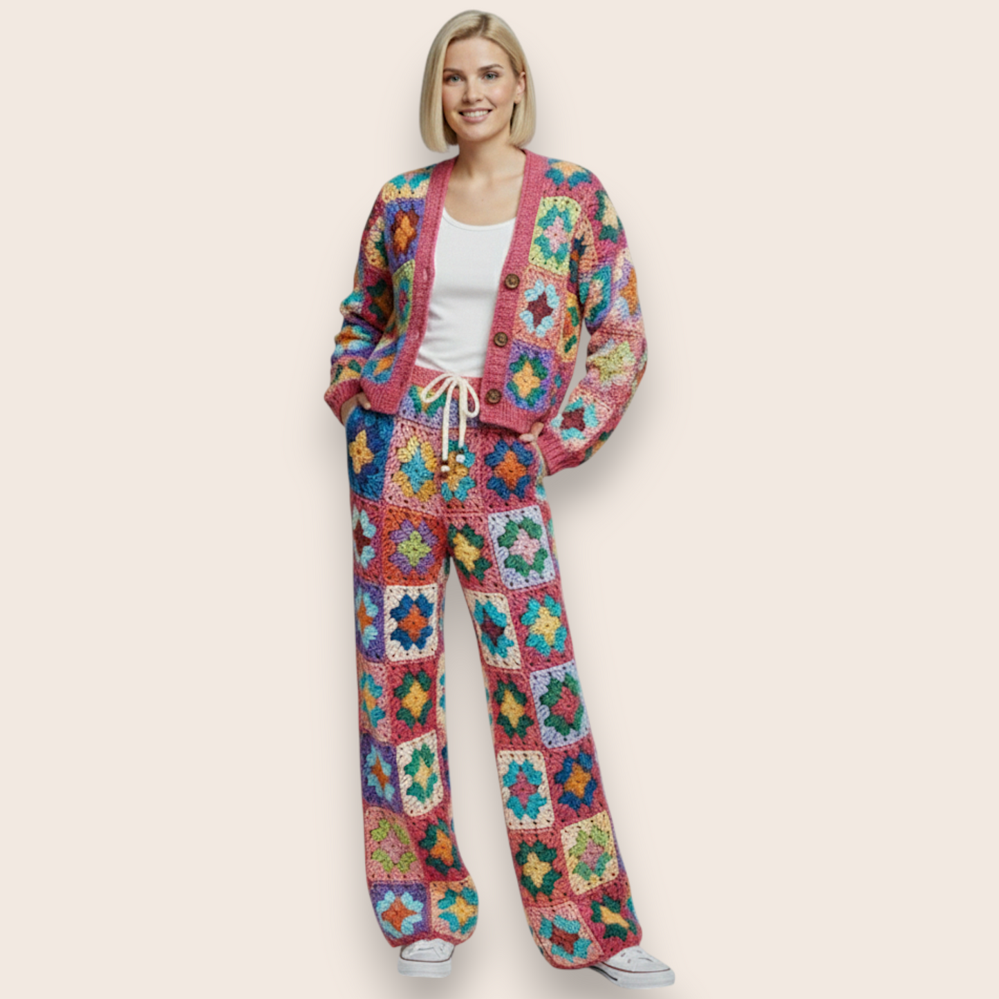 Hand-Knit Vibrant Patchwork 2-Piece Set: Cardigan & Straight-Leg Trousers