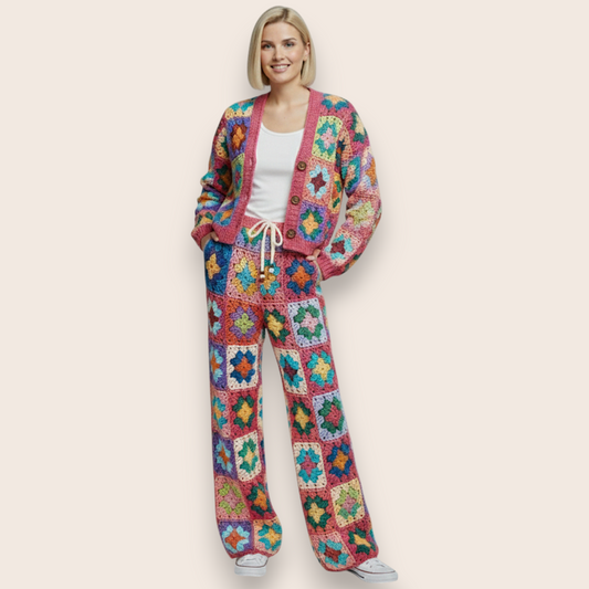 Hand-Knit Vibrant Patchwork 2-Piece Set: Cardigan & Straight-Leg Trousers