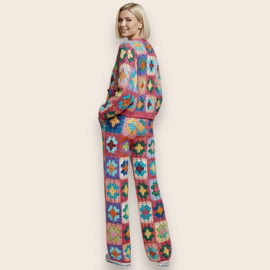 Hand-Knit Vibrant Patchwork 2-Piece Set: Cardigan & Straight-Leg Trousers