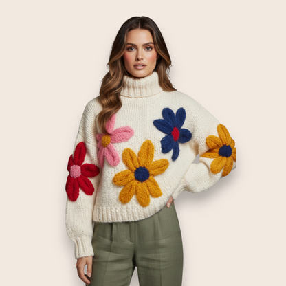 Oversized Hand-Knitted Floral Appliqué Sweater in Ivory