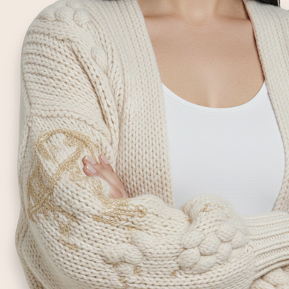 Hand-Knit Wool Cardigan with Vertical Back Cables and Ribbed Trim