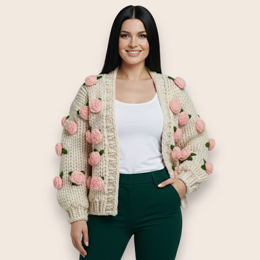 Hand-Knit Chunky Cotton Cardigan with 3D Sculptural Roses