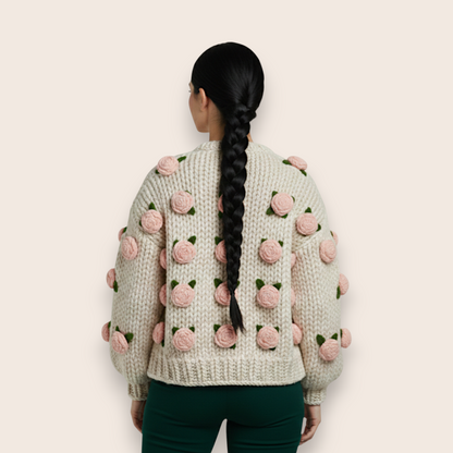 Hand-Knit Chunky Cotton Cardigan with 3D Sculptural Roses